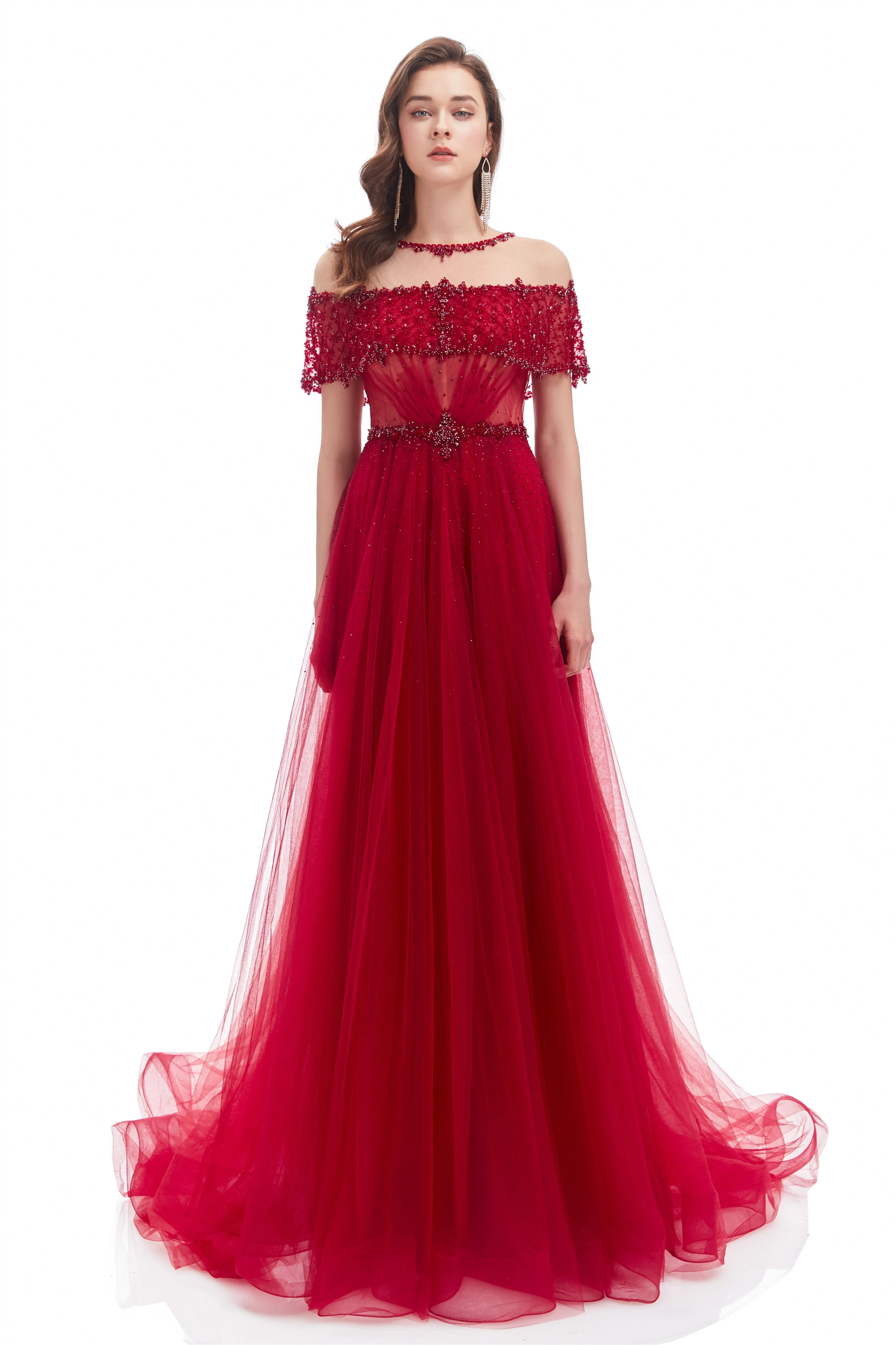 A-line Round Sequined Floor-length Cap Sleeve Open Back Appliques Lace Prom Dress - Image 3