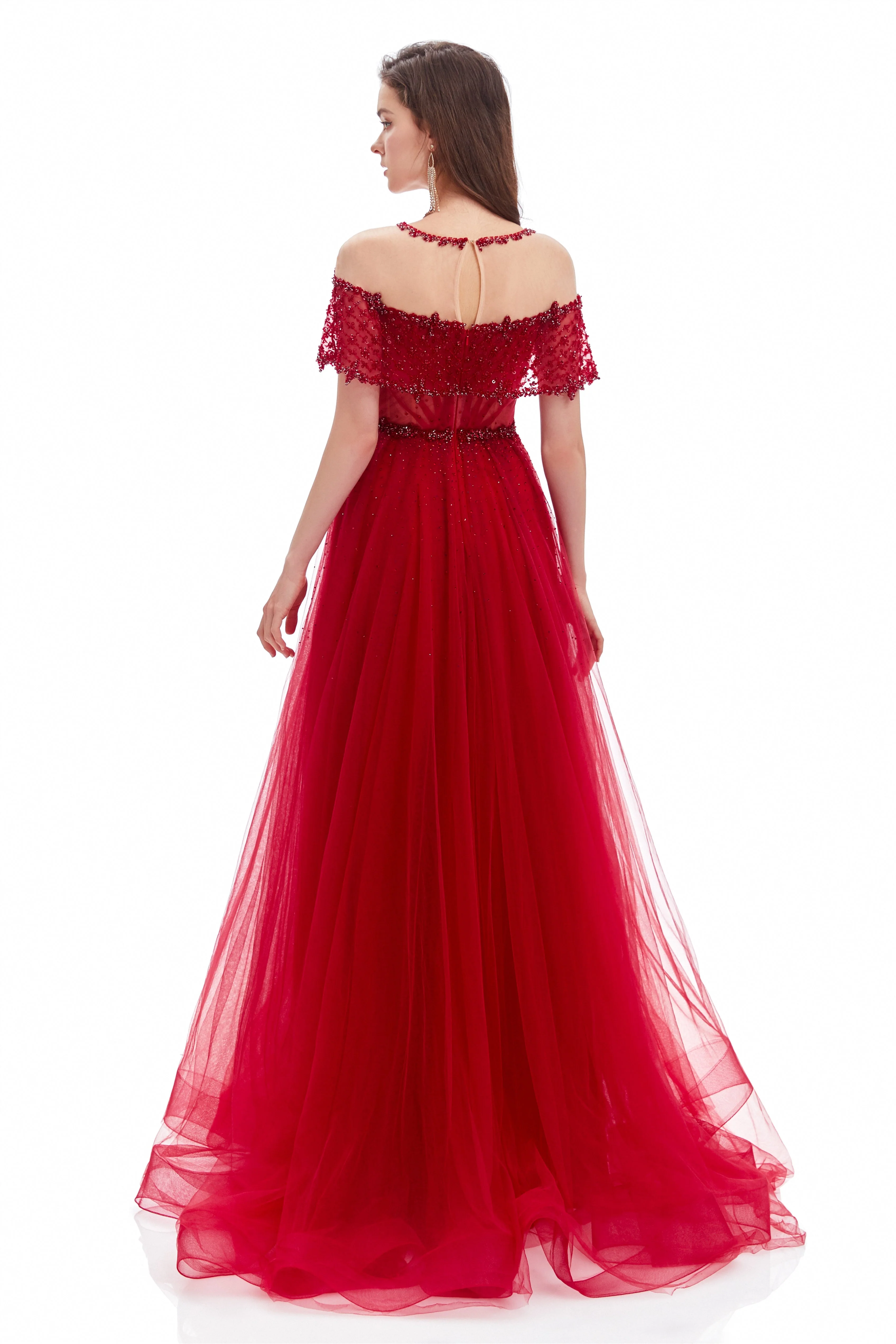 A-line Round Sequined Floor-length Cap Sleeve Open Back Appliques Lace Prom Dress - Image 4