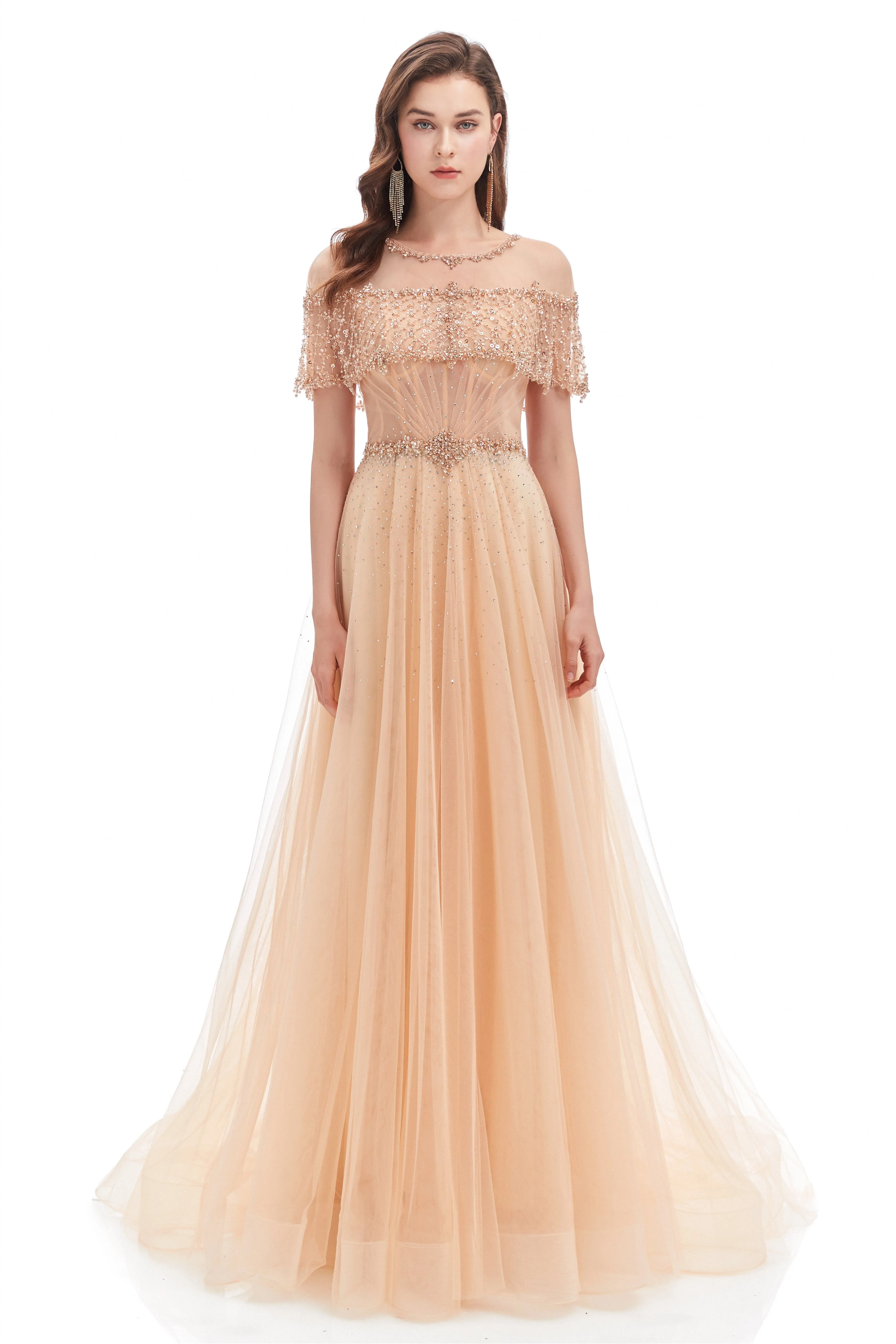 A-line Round Sequined Floor-length Cap Sleeve Open Back Appliques Lace Prom Dress - Image 5