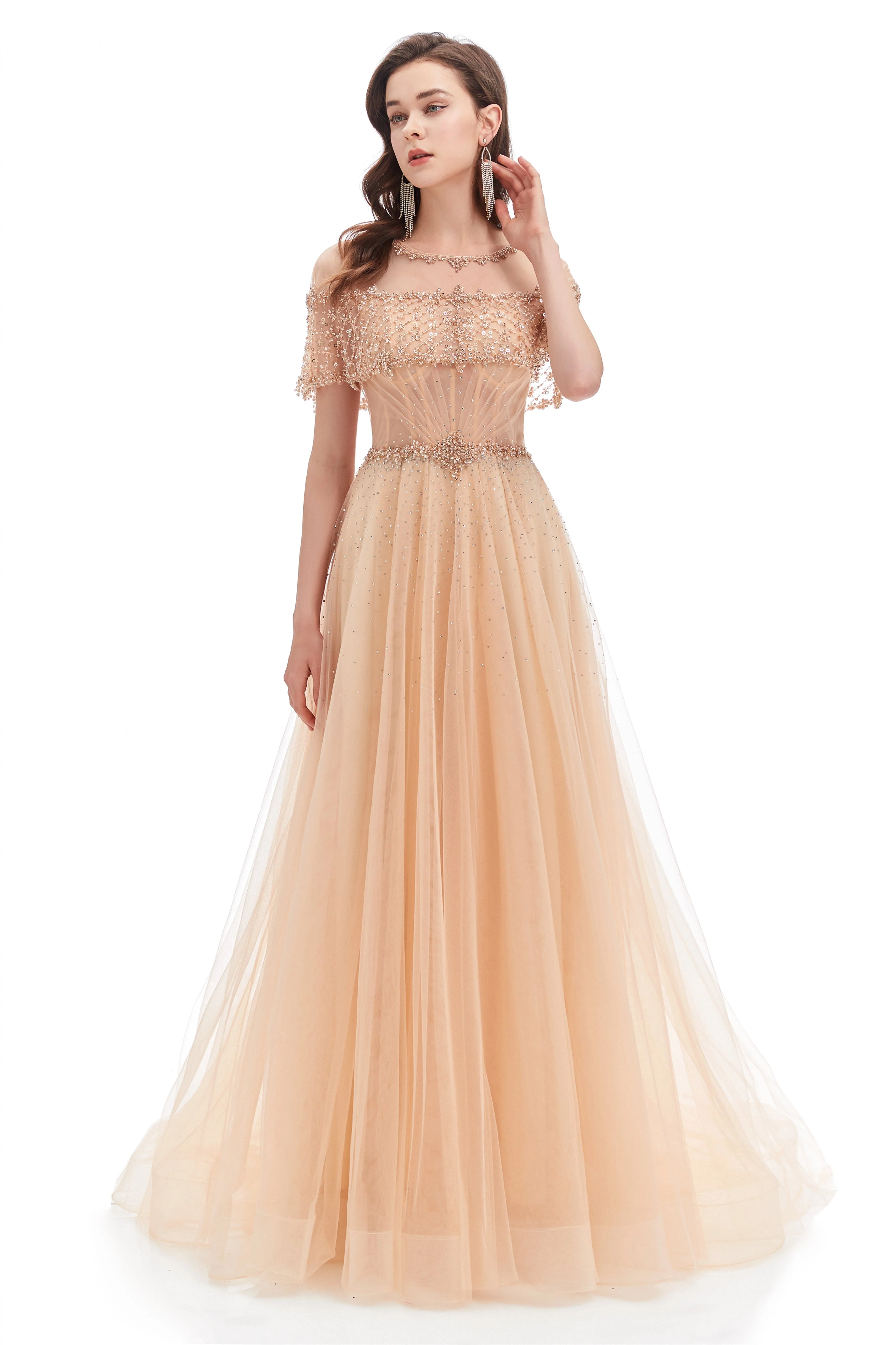 A-line Round Sequined Floor-length Cap Sleeve Open Back Appliques Lace Prom Dress - Image 6