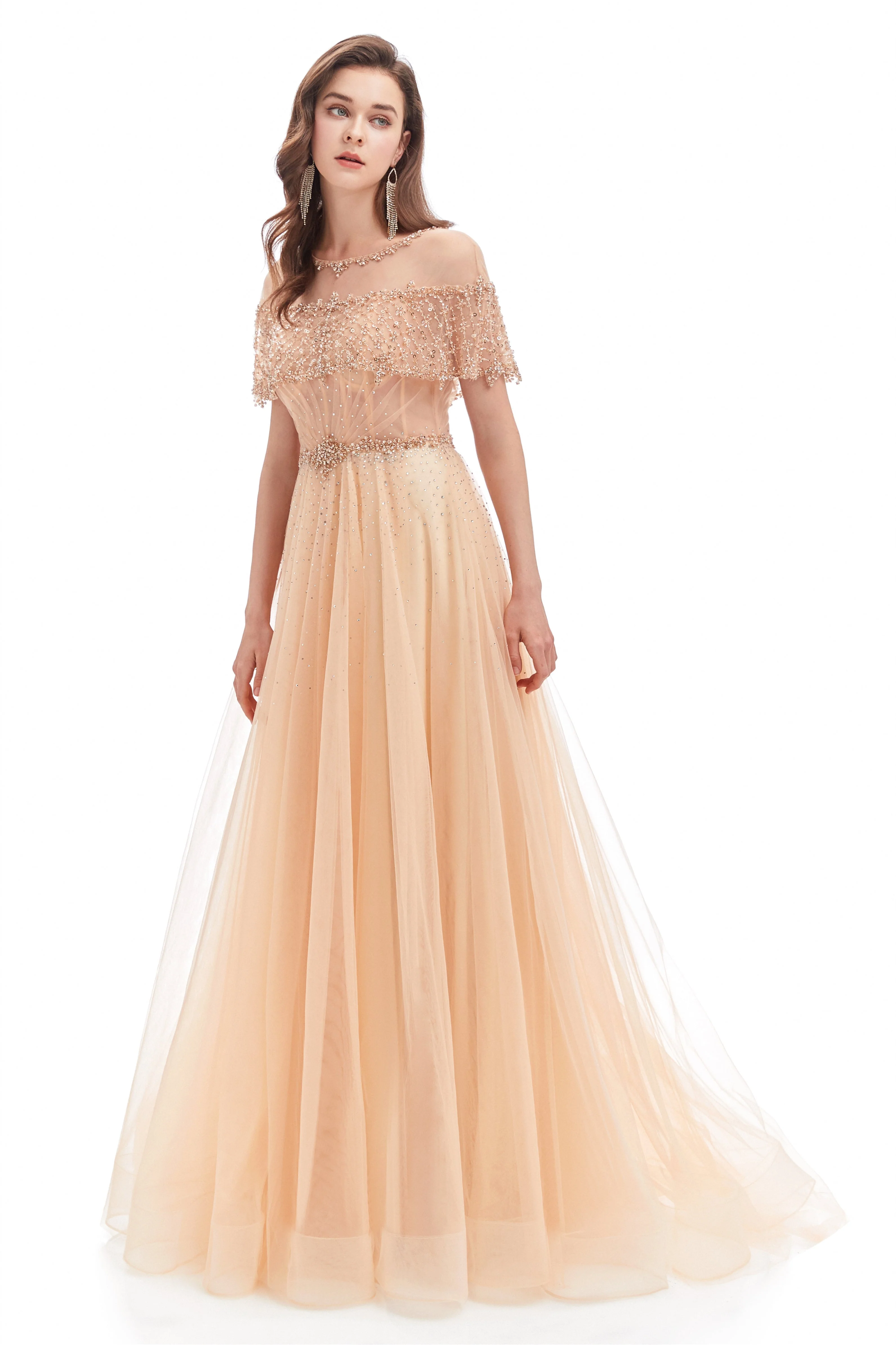 A-line Round Sequined Floor-length Cap Sleeve Open Back Appliques Lace Prom Dress - Image 7