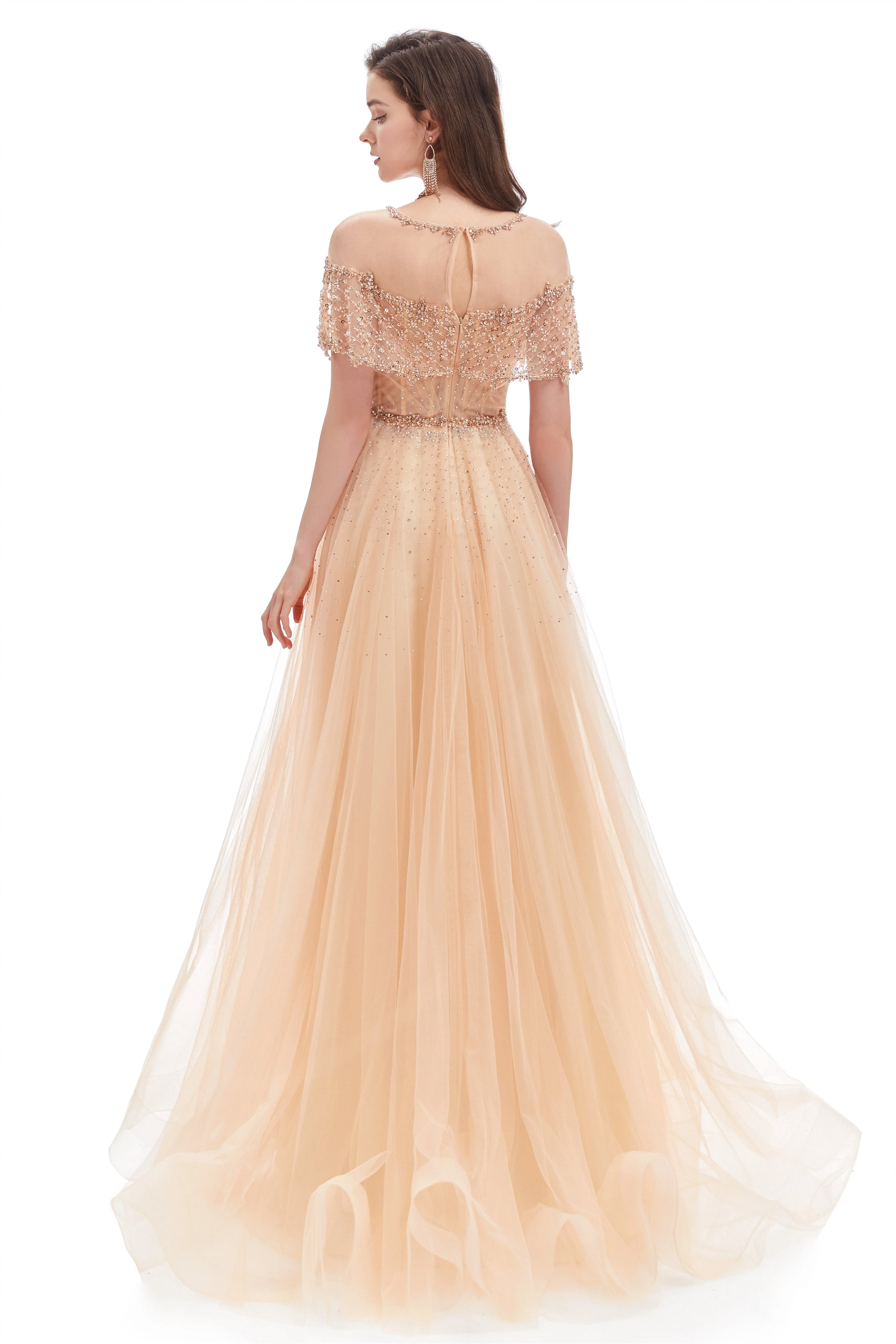 A-line Round Sequined Floor-length Cap Sleeve Open Back Appliques Lace Prom Dress - Image 8