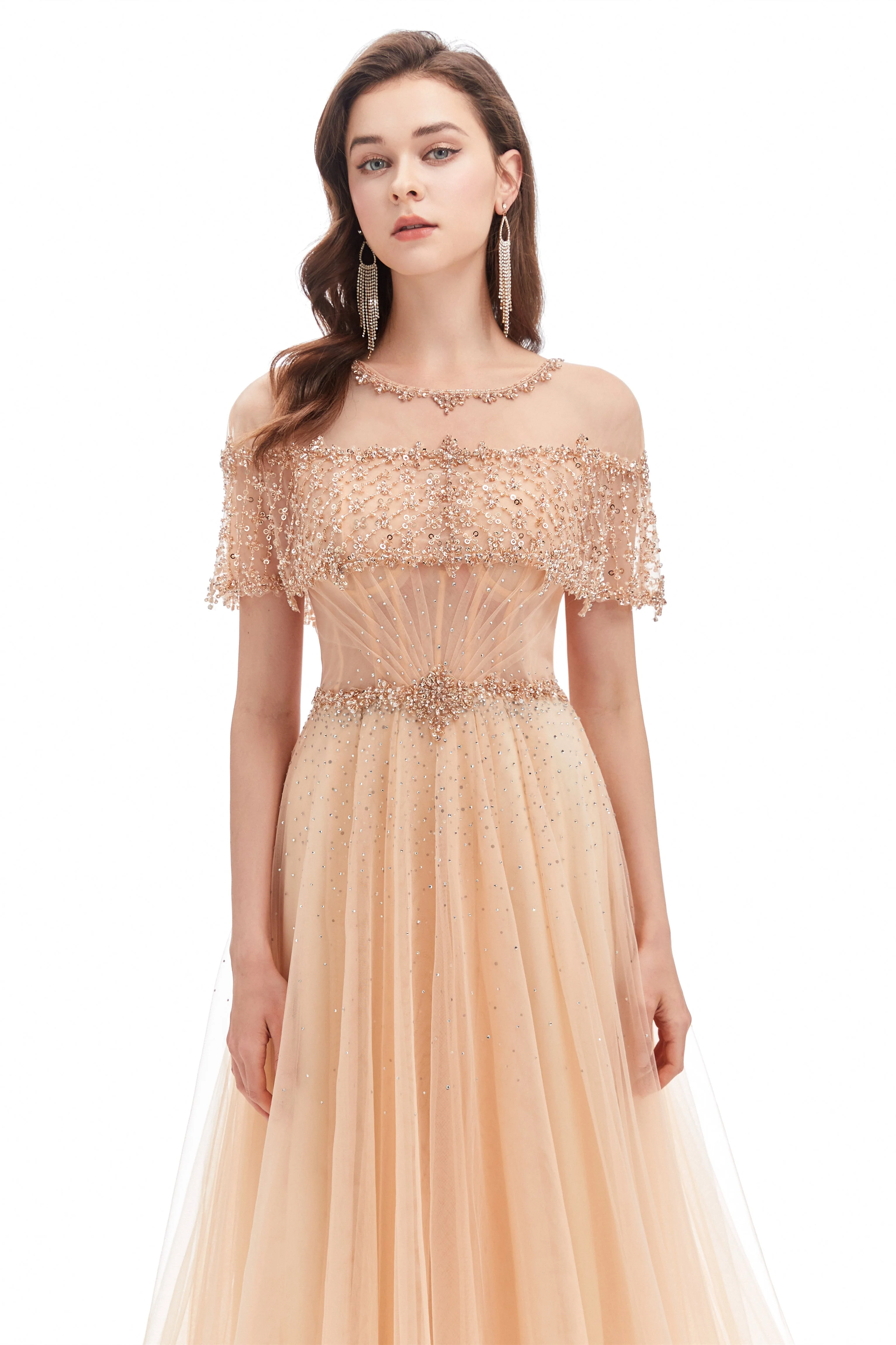 A-line Round Sequined Floor-length Cap Sleeve Open Back Appliques Lace Prom Dress - Image 9