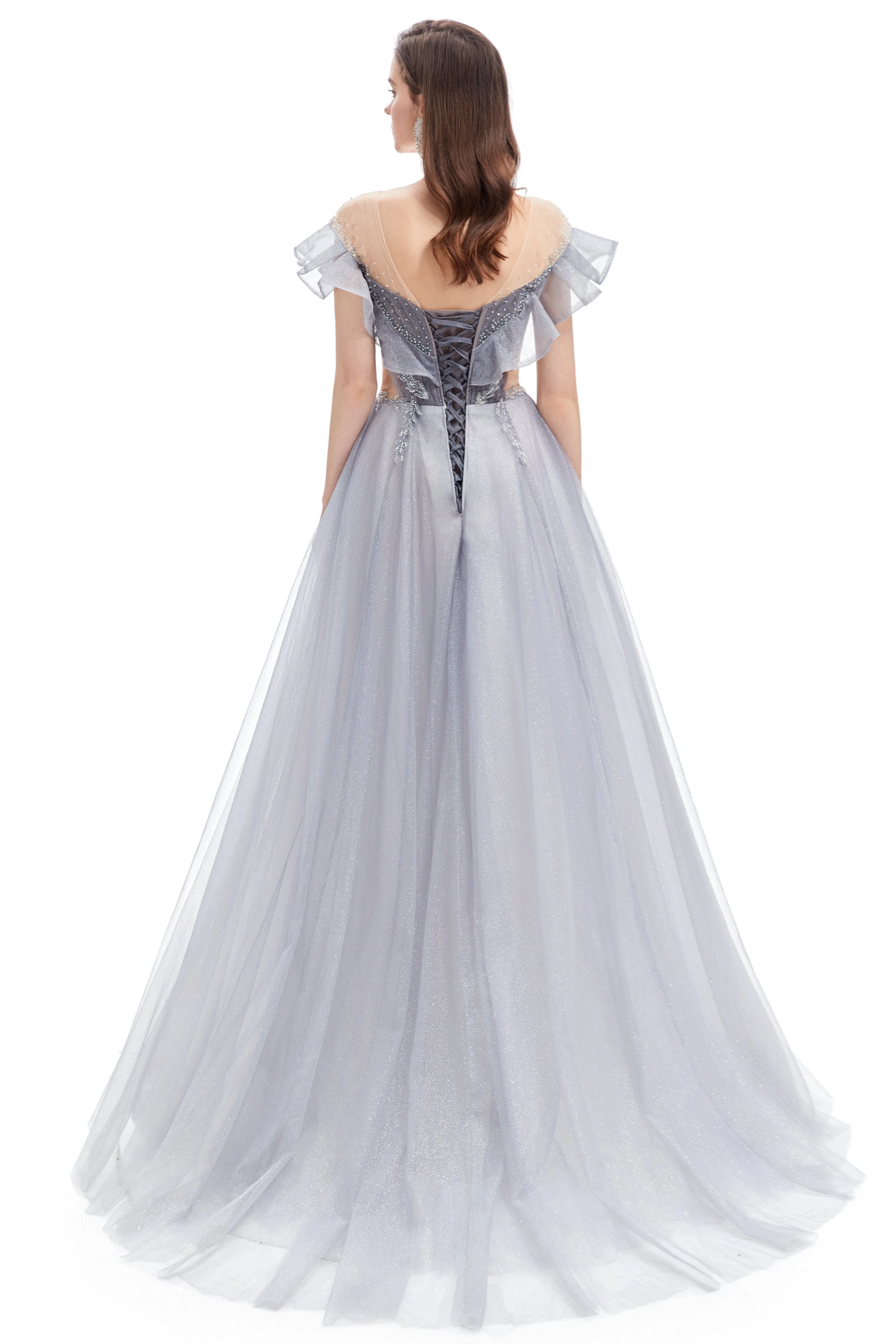 A-line Round Sequined Floor-length Cap Sleeve Open Back Appliques Lace Prom Dress - Image 2
