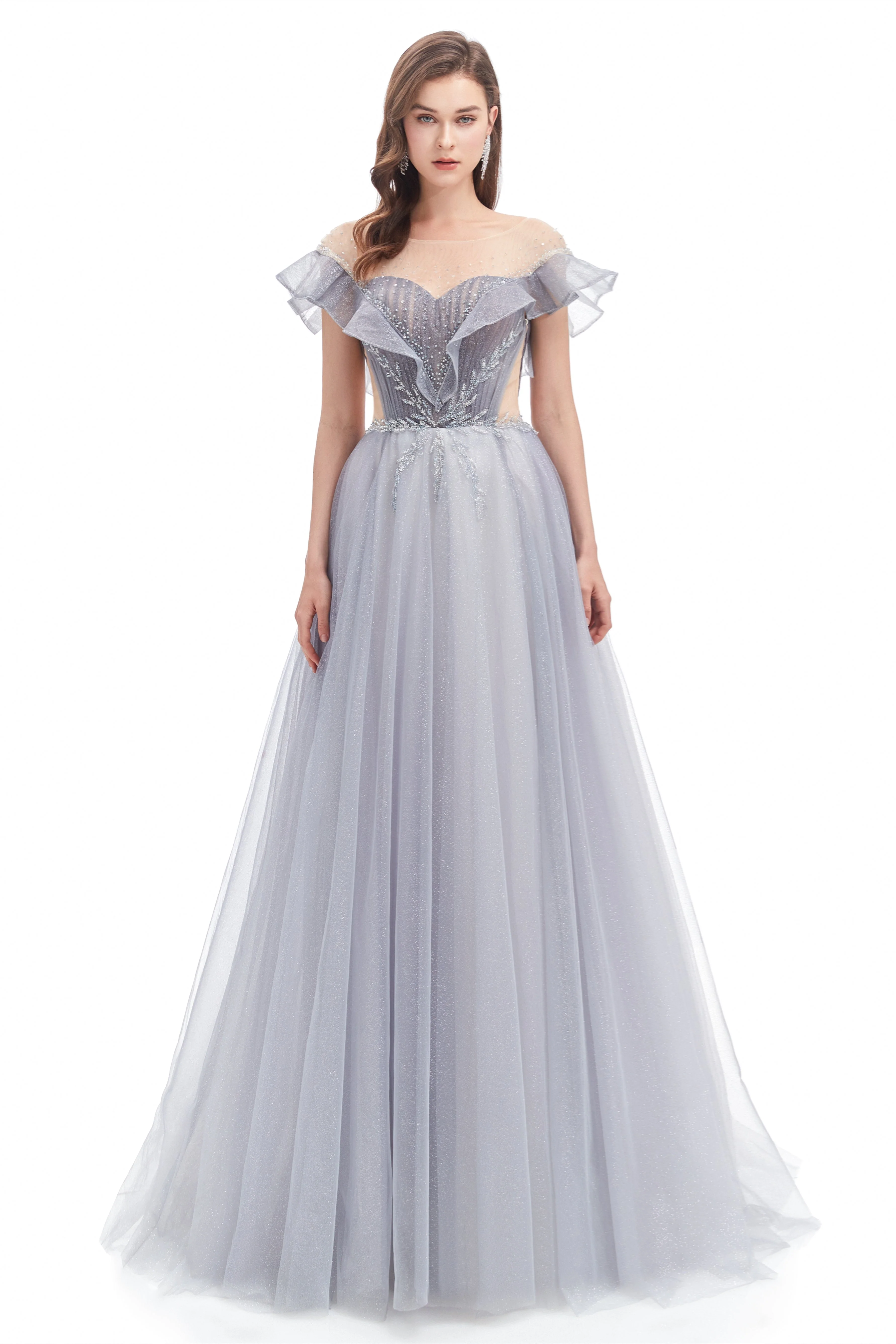 A-line Round Sequined Floor-length Cap Sleeve Open Back Appliques Lace Prom Dress - Image 3