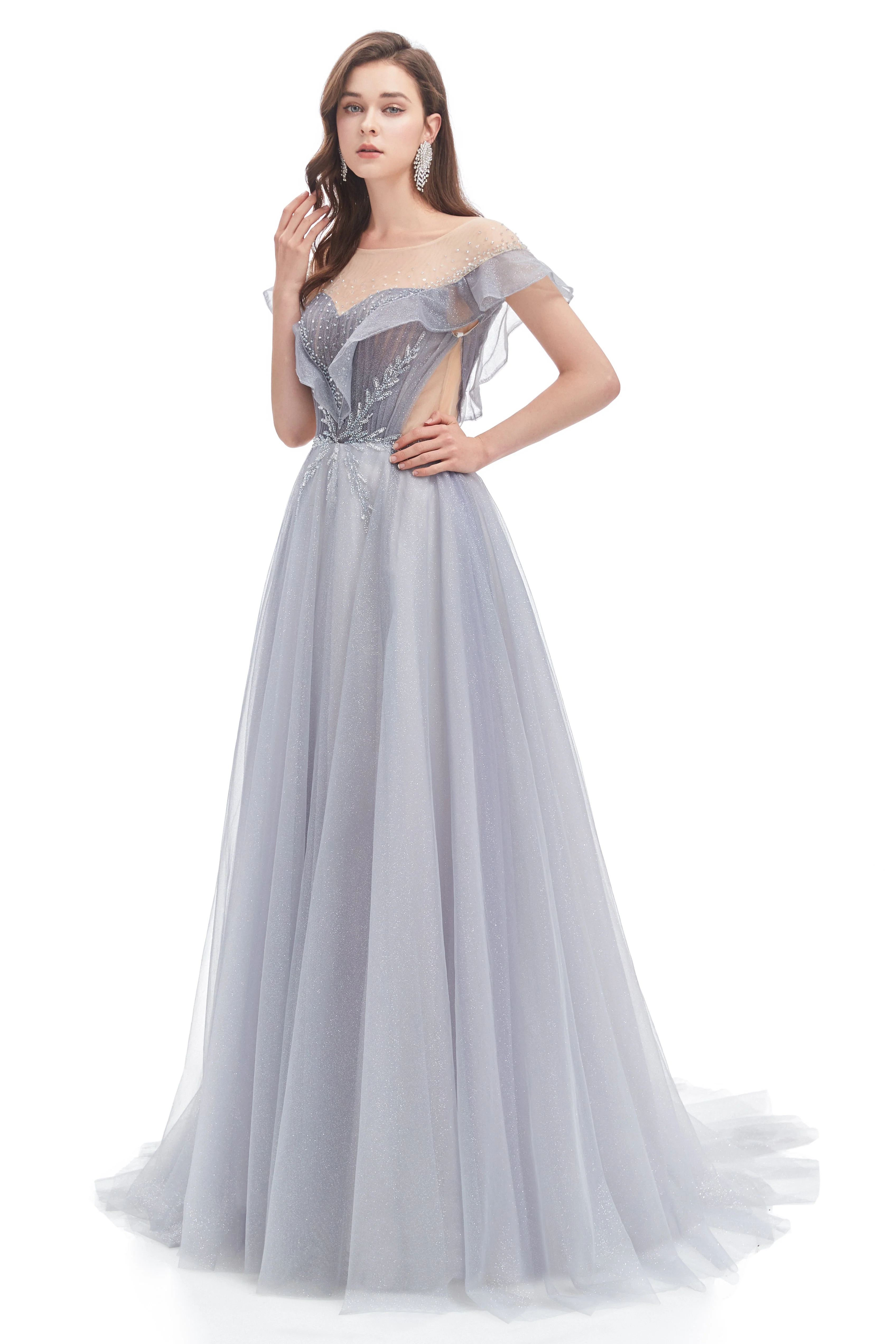 A-line Round Sequined Floor-length Cap Sleeve Open Back Appliques Lace Prom Dress - Image 4