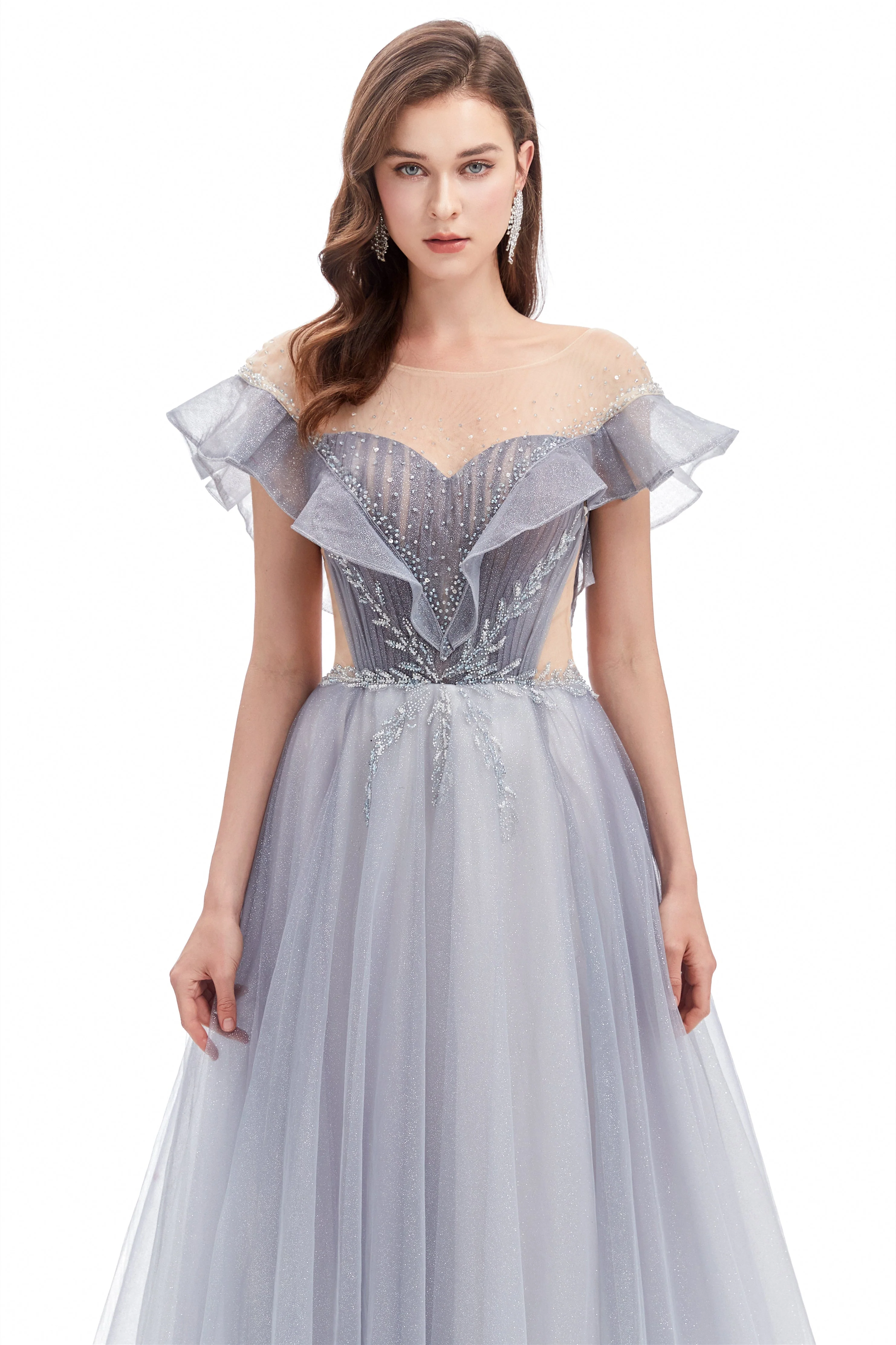 A-line Round Sequined Floor-length Cap Sleeve Open Back Appliques Lace Prom Dress - Image 5
