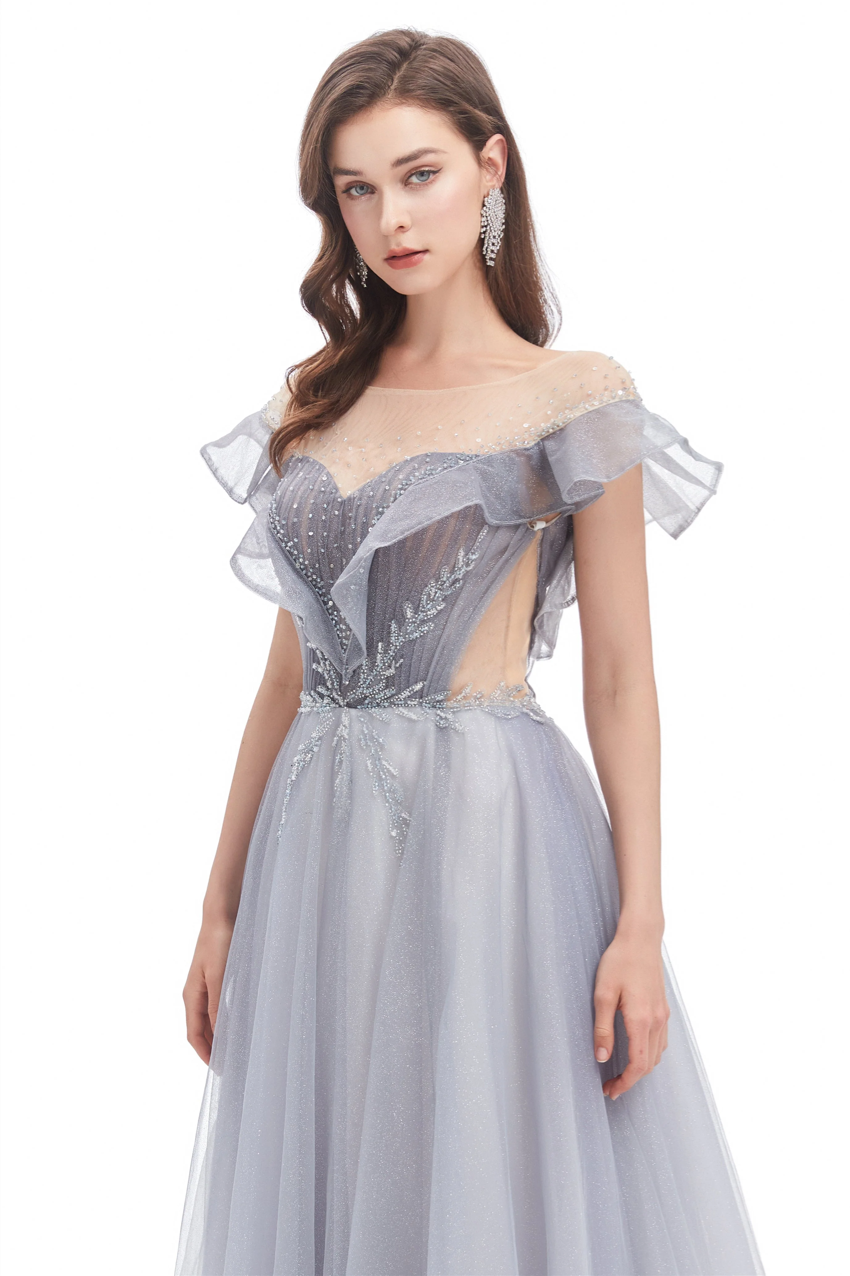 A-line Round Sequined Floor-length Cap Sleeve Open Back Appliques Lace Prom Dress - Image 6