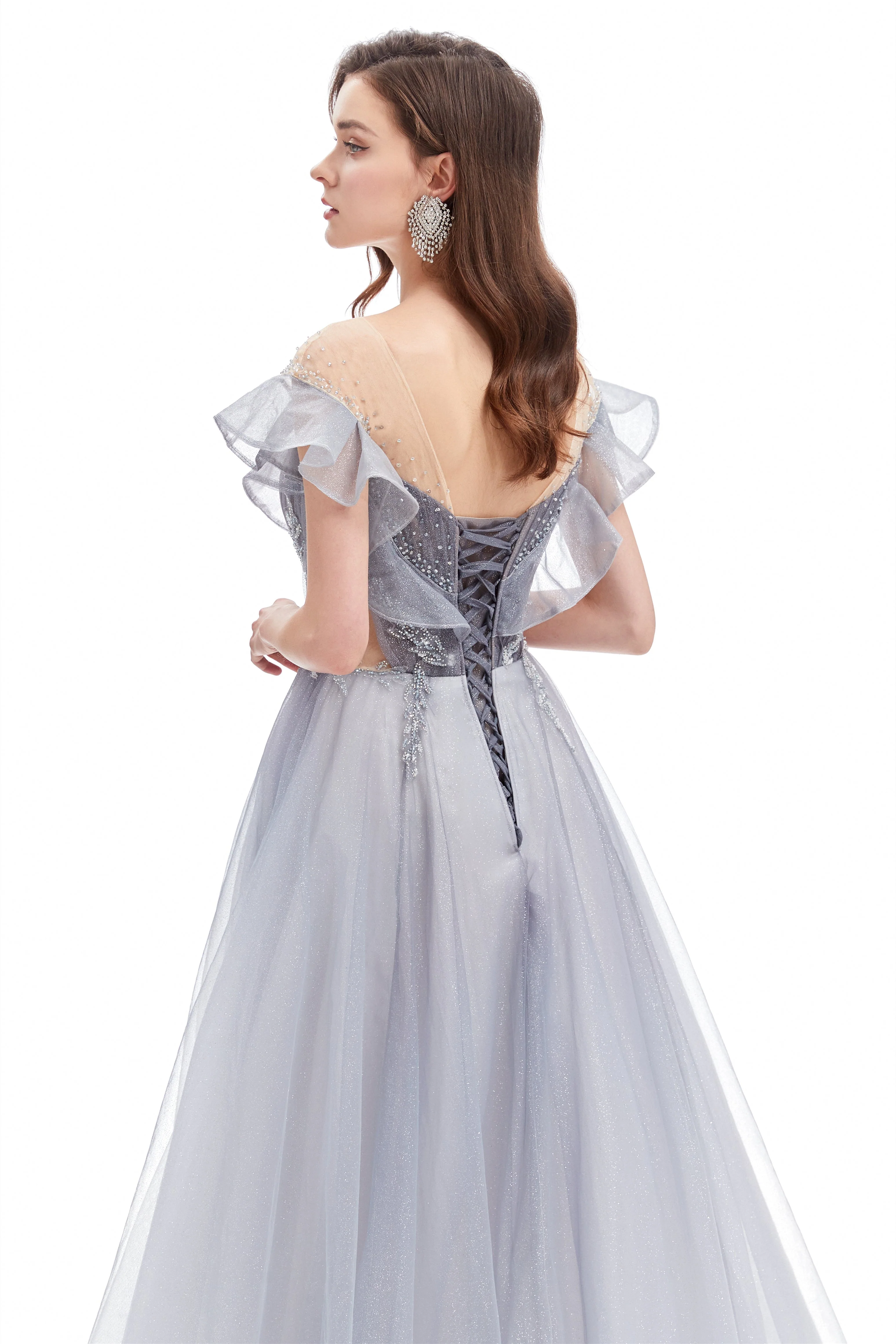 A-line Round Sequined Floor-length Cap Sleeve Open Back Appliques Lace Prom Dress - Image 7