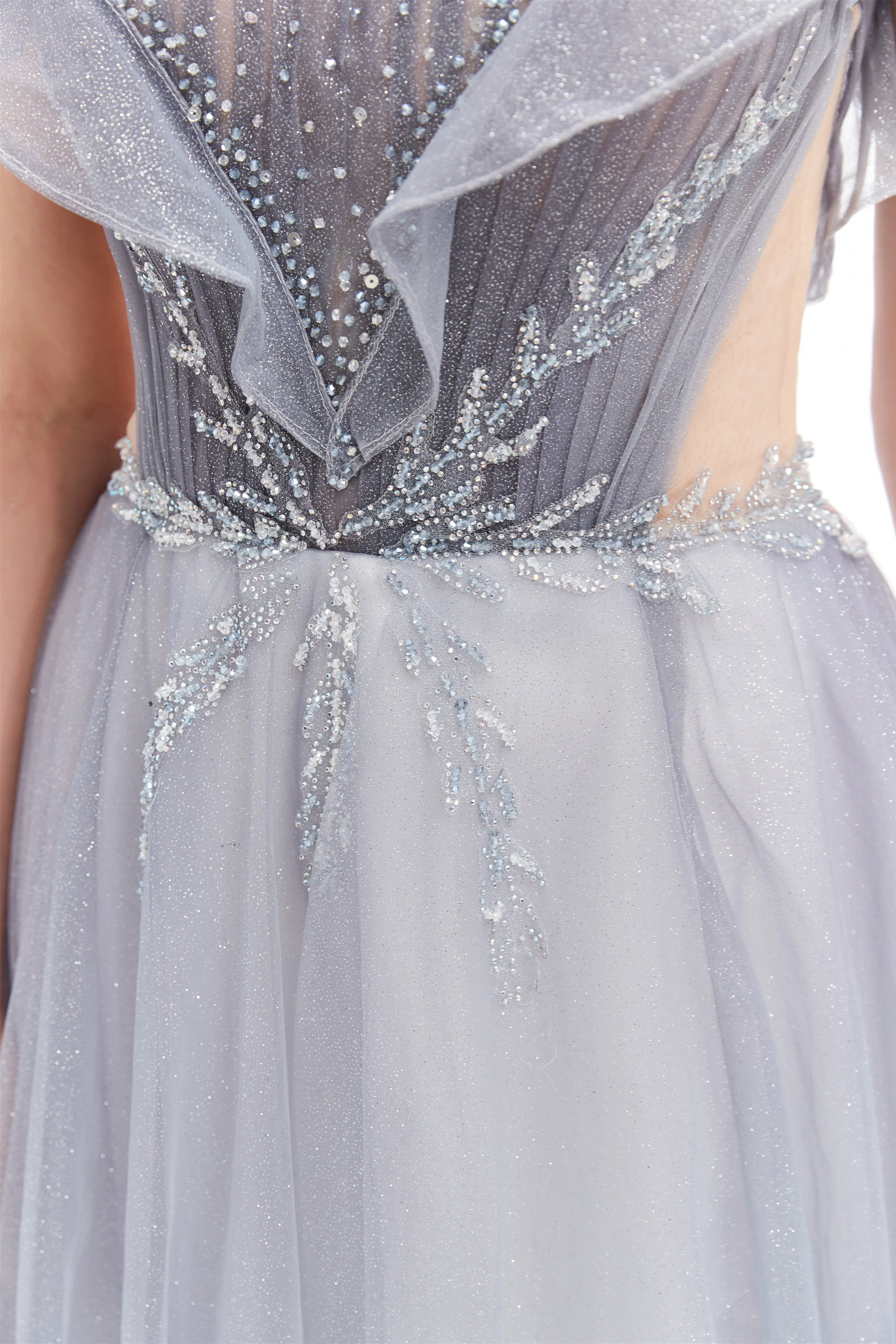 A-line Round Sequined Floor-length Cap Sleeve Open Back Appliques Lace Prom Dress - Image 8