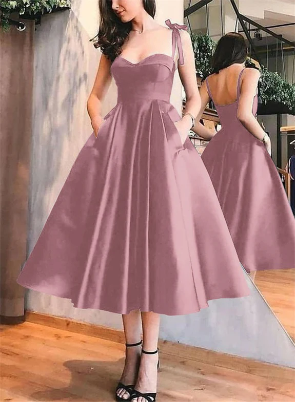 A-Line Satin Sweetheart Homecoming Dresses With Pockets - Image 22