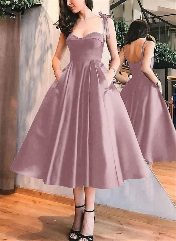 A-Line Satin Sweetheart Homecoming Dresses With Pockets - Image 31
