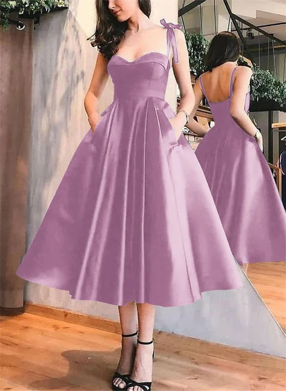 A-Line Satin Sweetheart Homecoming Dresses With Pockets - Image 32