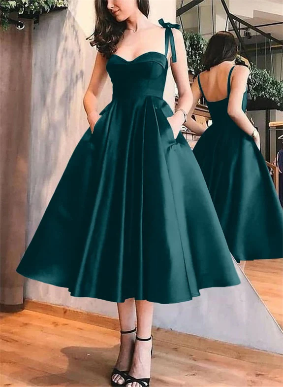 A-Line Satin Sweetheart Homecoming Dresses With Pockets - Image 42