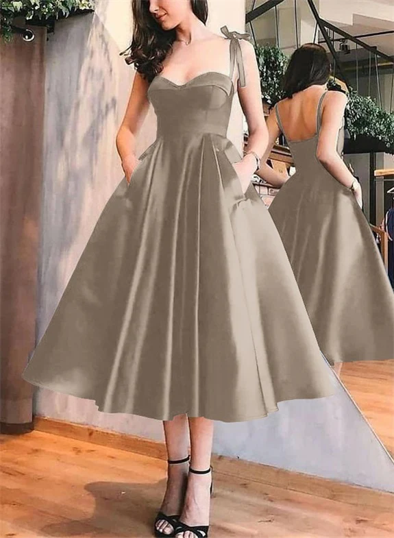 A-Line Satin Sweetheart Homecoming Dresses With Pockets - Image 49
