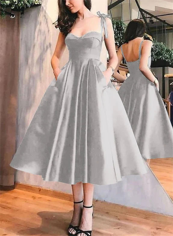 A-Line Satin Sweetheart Homecoming Dresses With Pockets - Image 57
