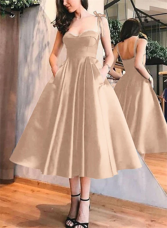 A-Line Satin Sweetheart Homecoming Dresses With Pockets - Image 64