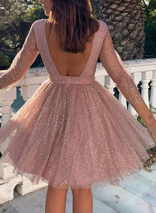 A-line Scoop Neck Long Sleeves Short/Mini Tull Homecoming Dress With Pleated - Image 2