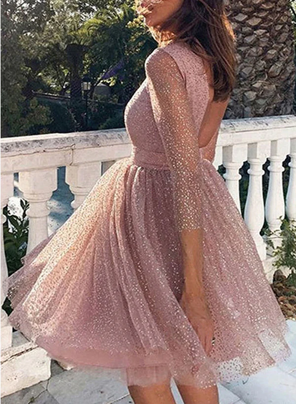 A-line Scoop Neck Long Sleeves Short/Mini Tull Homecoming Dress With Pleated - Image 3