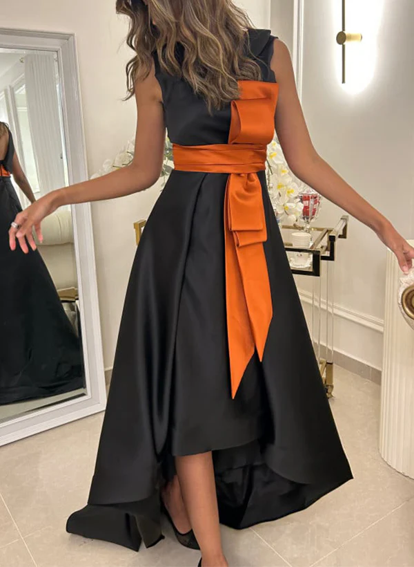 A-Line Scoop Neck Sleeveless Sweep Train Satin Homecoming Dresses - Image 3