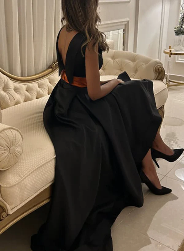 A-Line Scoop Neck Sleeveless Sweep Train Satin Homecoming Dresses - Image 4