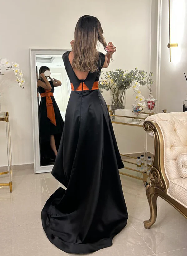 A-Line Scoop Neck Sleeveless Sweep Train Satin Homecoming Dresses - Image 5