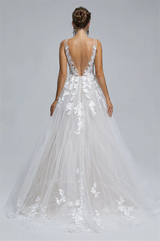 A-line Sheer Straps V-neck Tulle Applique Floor-length Sleeveless Wedding Dress Cover - Image 2