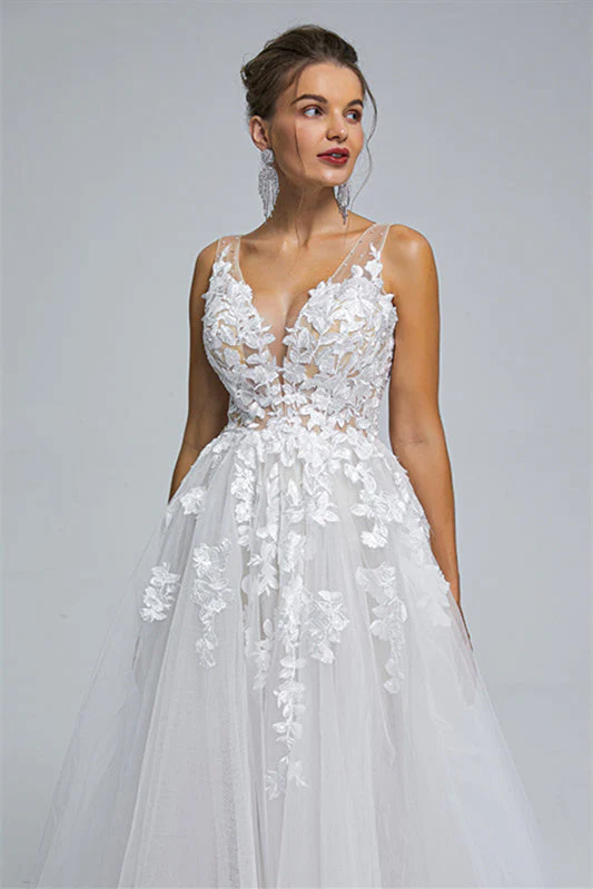 A-line Sheer Straps V-neck Tulle Applique Floor-length Sleeveless Wedding Dress Cover - Image 3
