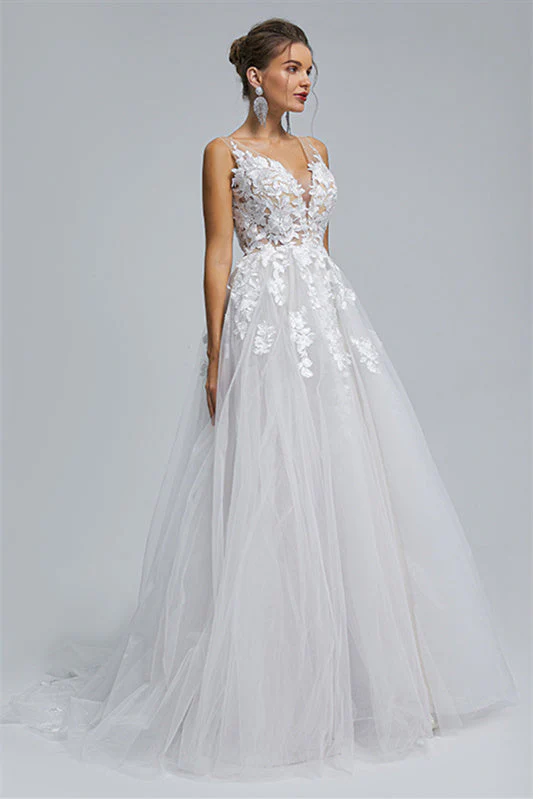 A-line Sheer Straps V-neck Tulle Applique Floor-length Sleeveless Wedding Dress Cover - Image 4