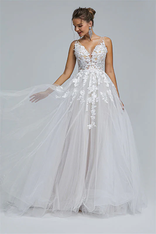 A-line Sheer Straps V-neck Tulle Applique Floor-length Sleeveless Wedding Dress Cover - Image 5