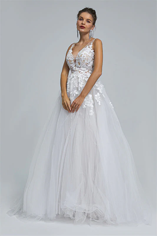 A-line Sheer Straps V-neck Tulle Applique Floor-length Sleeveless Wedding Dress Cover - Image 6