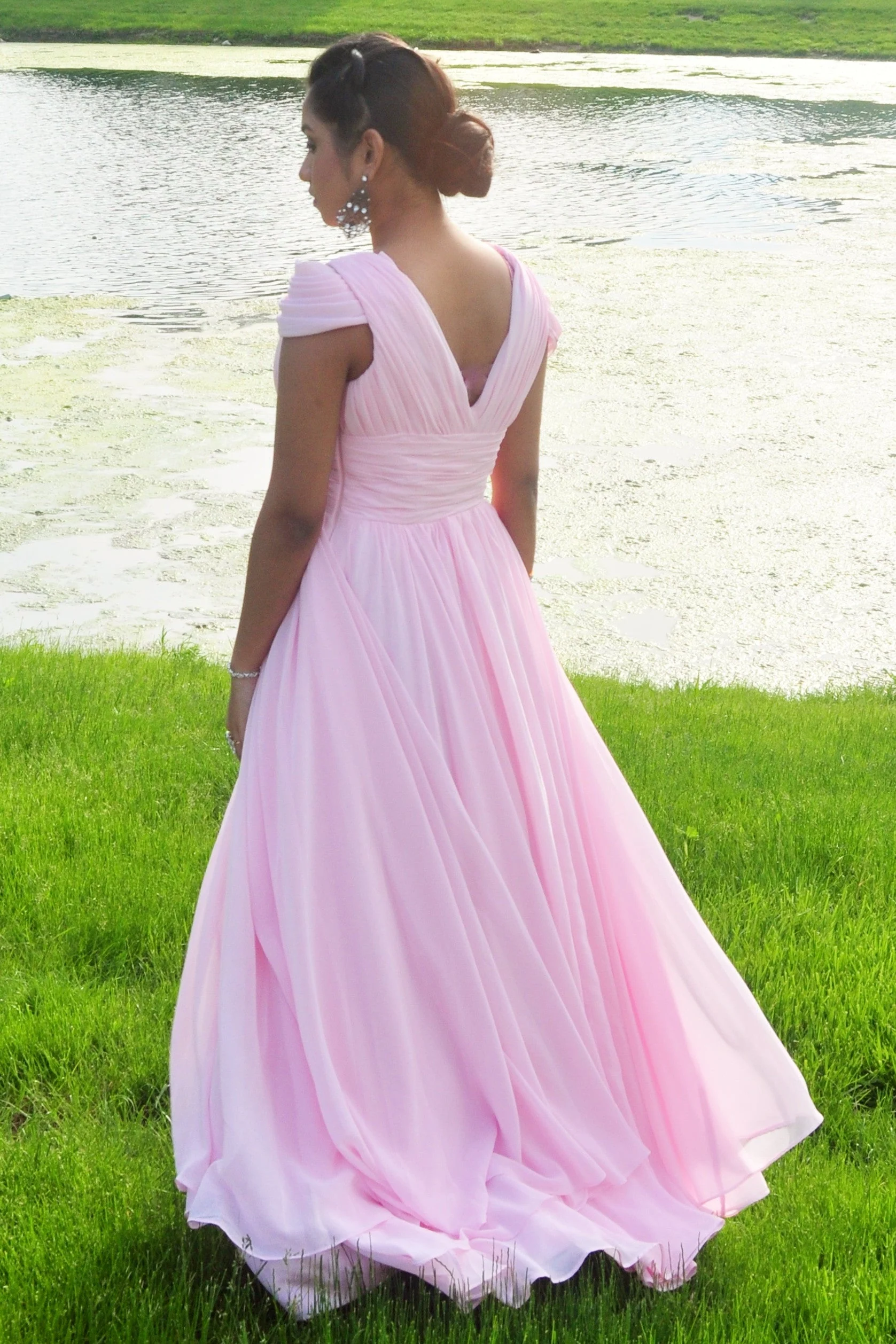 A-line Short sleeve Floor Length Chiffon Lace Evening Dress - Image 2