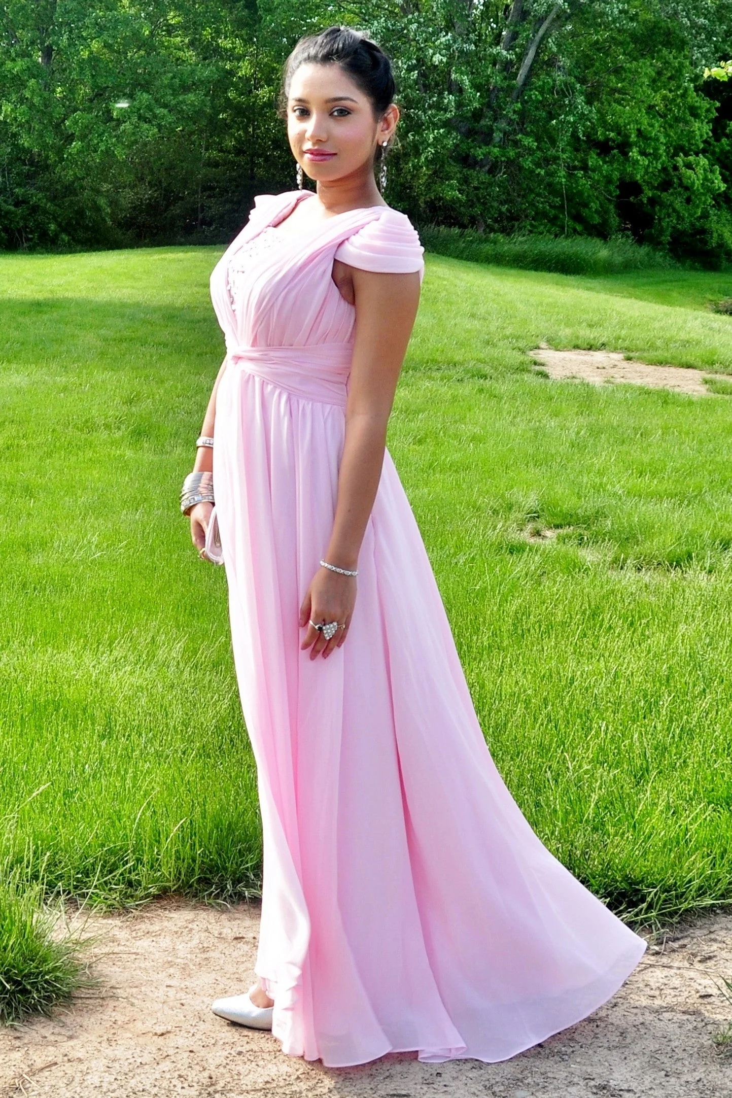 A-line Short sleeve Floor Length Chiffon Lace Evening Dress - Image 3