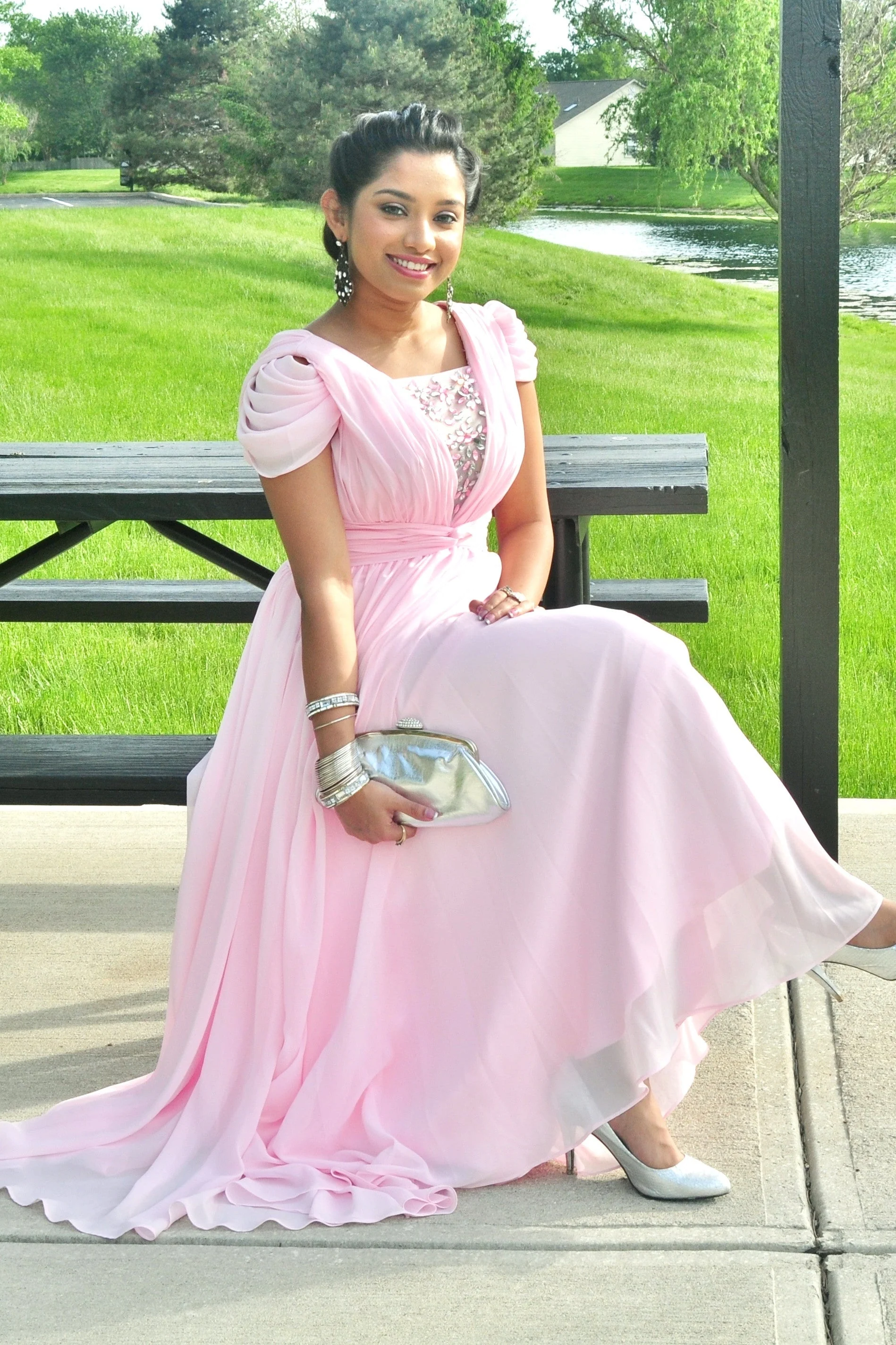 A-line Short sleeve Floor Length Chiffon Lace Evening Dress - Image 9