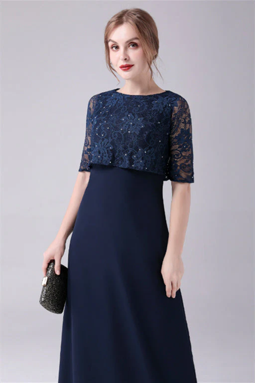 A-Line Short sleeves Jewel Lace Floor Length Casual mother's dress - Image 6
