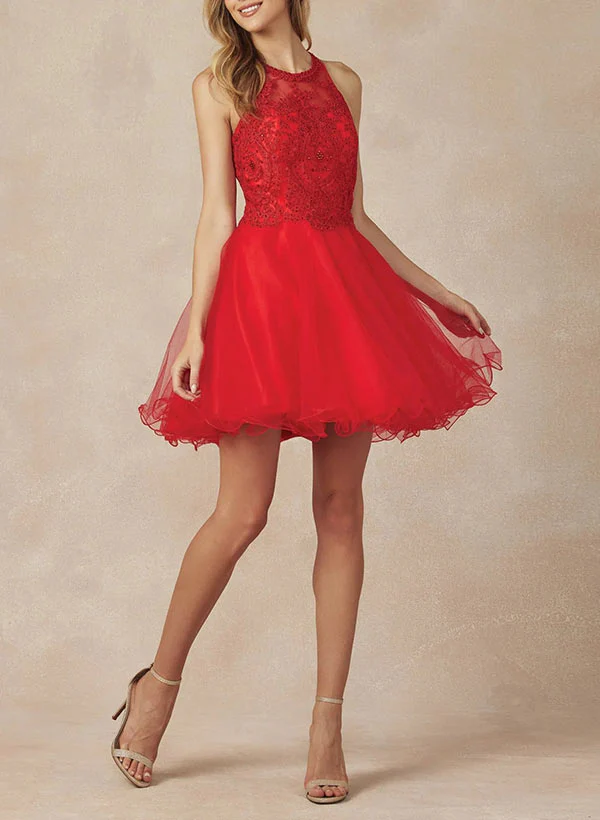 A-Line Sleeveless Lace/Tulle Homecoming Dresses With Appliques Lace - Image 2