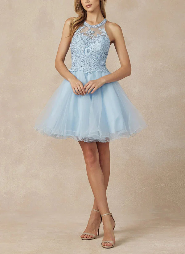 A-Line Sleeveless Lace/Tulle Homecoming Dresses With Appliques Lace - Image 5