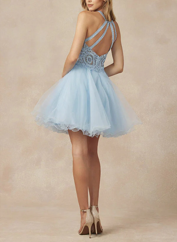 A-Line Sleeveless Lace/Tulle Homecoming Dresses With Appliques Lace - Image 7