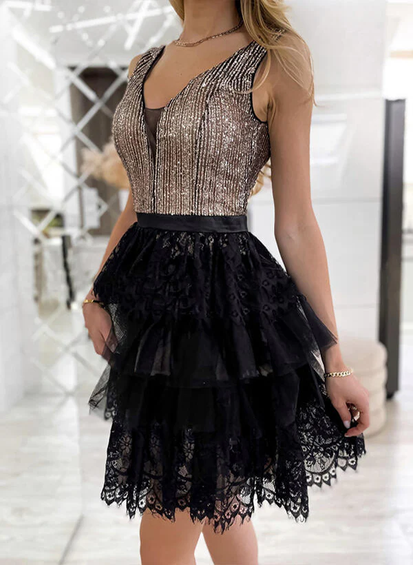 A-Line Sleeveless V-Neck Lace Short/Mini Short/Mini Homecoming Dresses With Sequins - Image 3