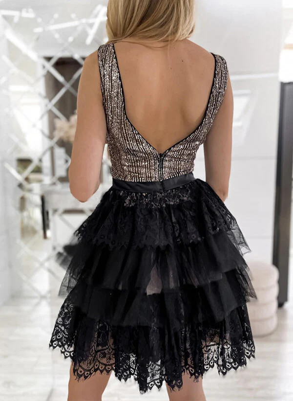 A-Line Sleeveless V-Neck Lace Short/Mini Short/Mini Homecoming Dresses With Sequins - Image 4
