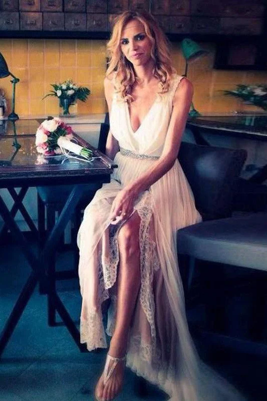 A Line Sleeveless V neck Sweep Train Chiffon Beading Wedding Dresses - Image 2