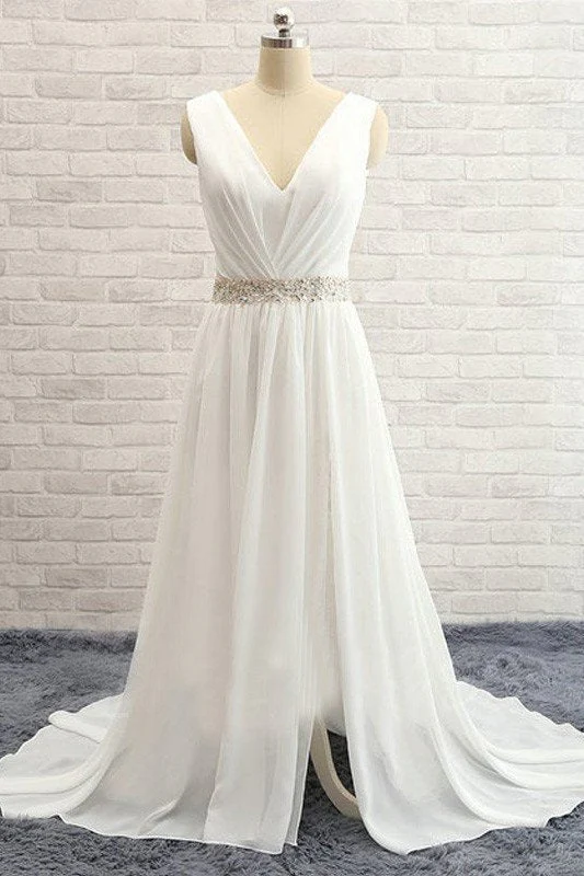 A Line Sleeveless V neck Sweep Train Chiffon Beading Wedding Dresses - Image 3