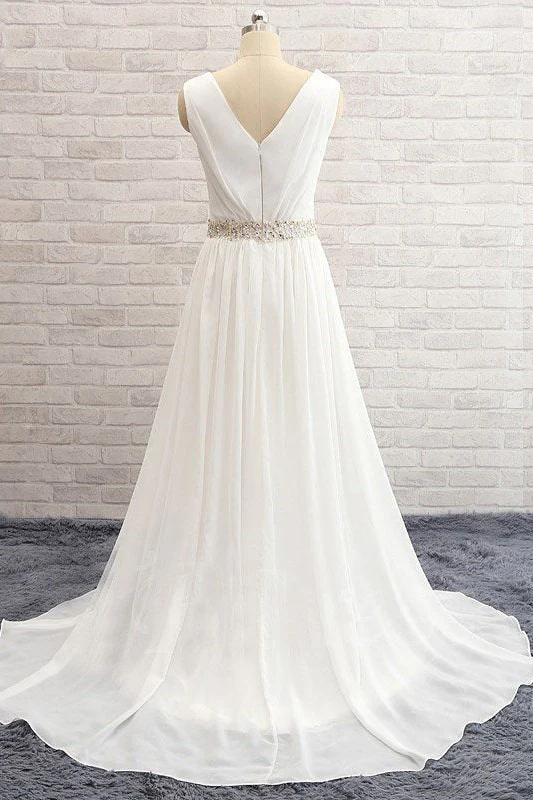 A Line Sleeveless V neck Sweep Train Chiffon Beading Wedding Dresses - Image 4