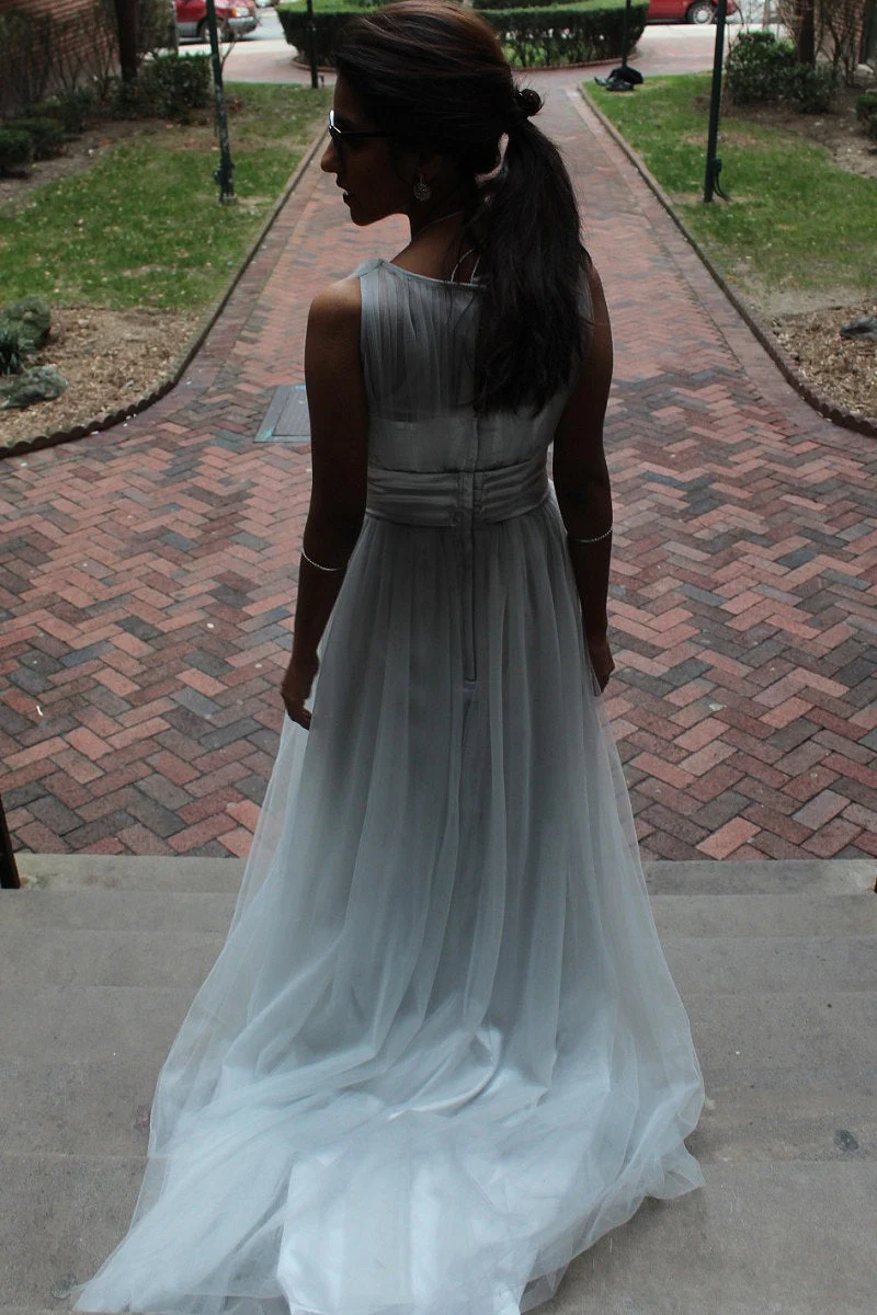 A-line Small Round Collar  Floor Length Tulle Beaded Evening Dress - Image 2