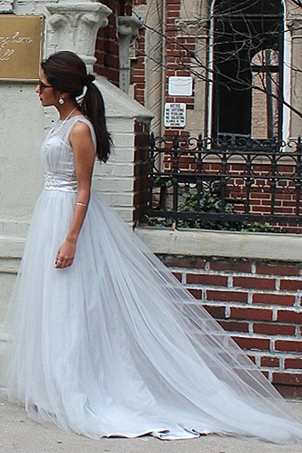 A-line Small Round Collar  Floor Length Tulle Beaded Evening Dress - Image 3