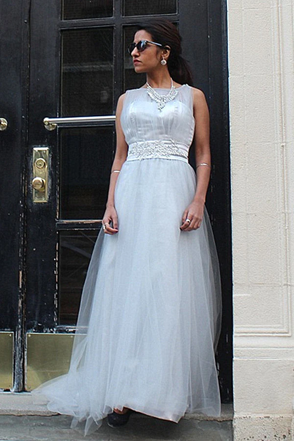 A-line Small Round Collar  Floor Length Tulle Beaded Evening Dress - Image 4