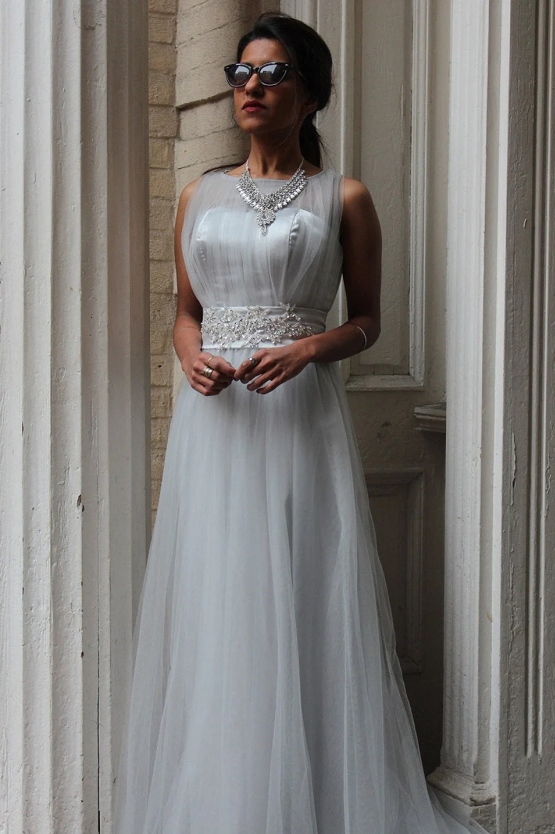 A-line Small Round Collar  Floor Length Tulle Beaded Evening Dress - Image 6