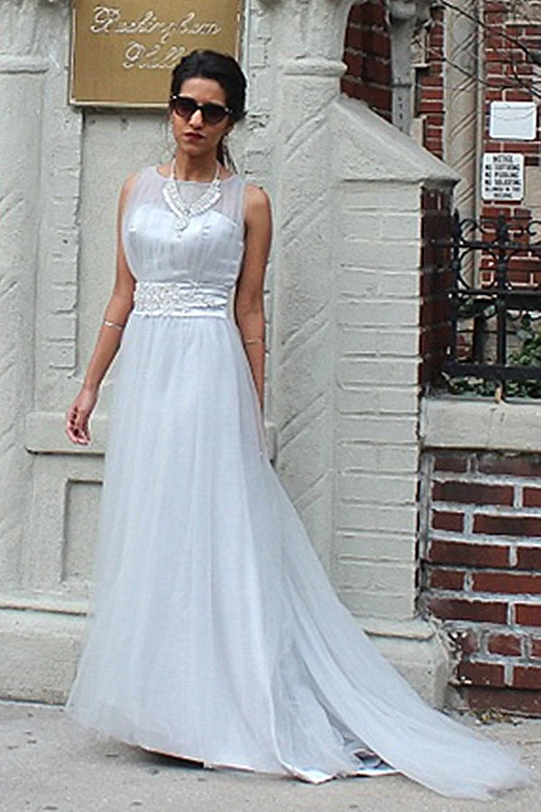 A-line Small Round Collar  Floor Length Tulle Beaded Evening Dress - Image 7