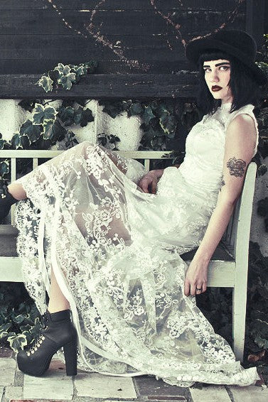 A-line Small Round Collar High-low Length Tulle Lace Applique Wedding Dress - Image 6