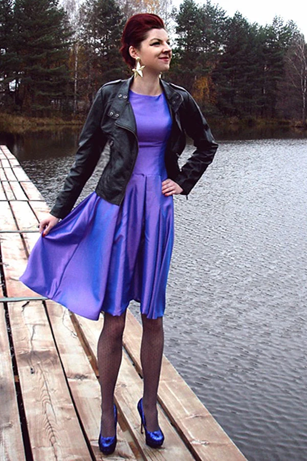 A-line Small Round Collar Knee Length Charmuse Bridesmaid Dress - Image 4